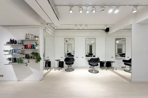 沙龍內明亮的白色空間，牆面層架陳列 Aveda 髮品與綠植